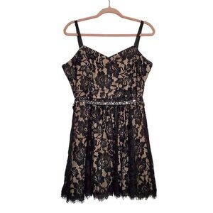 Deb Black & Nude Lace Fit & Flare Dress Size 13/14 With Rhinestone Belt & Open B